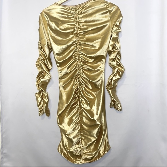 NWOT Shane Justin Runway Gold Ruched Longsleeve Stretchy Bodycon Midi Dress S - Picture 3 of 9